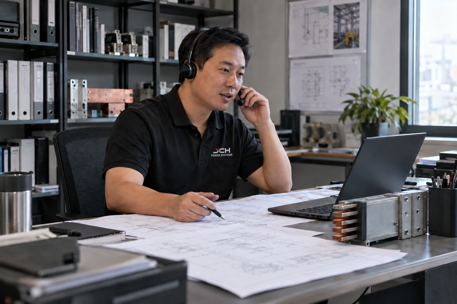 Electrical applications engineer providing technical support from an engineering office