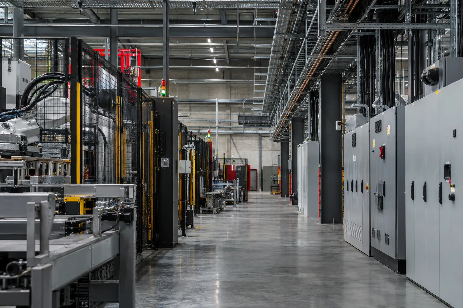 Modern automated manufacturing facility with electrical control cabinets