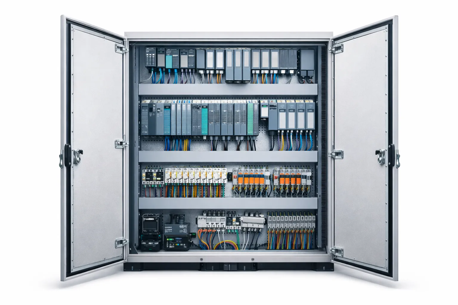 Illustration of an open PLC and industrial control cabinet