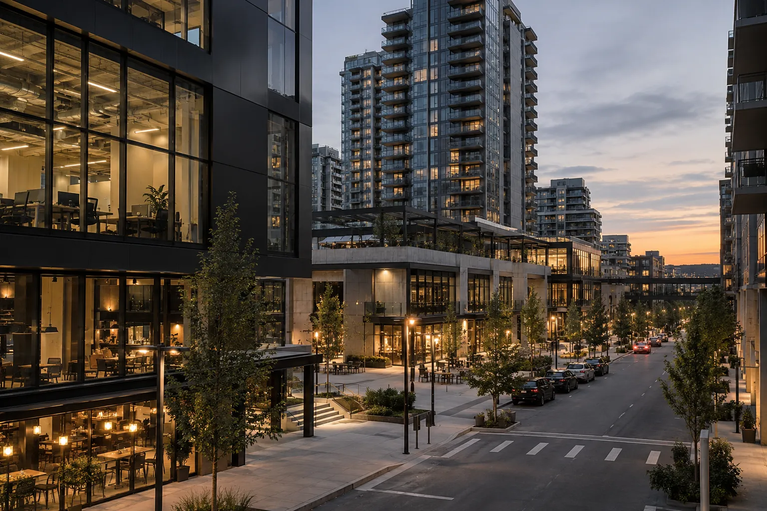 Modern commercial and mixed-use development at dusk