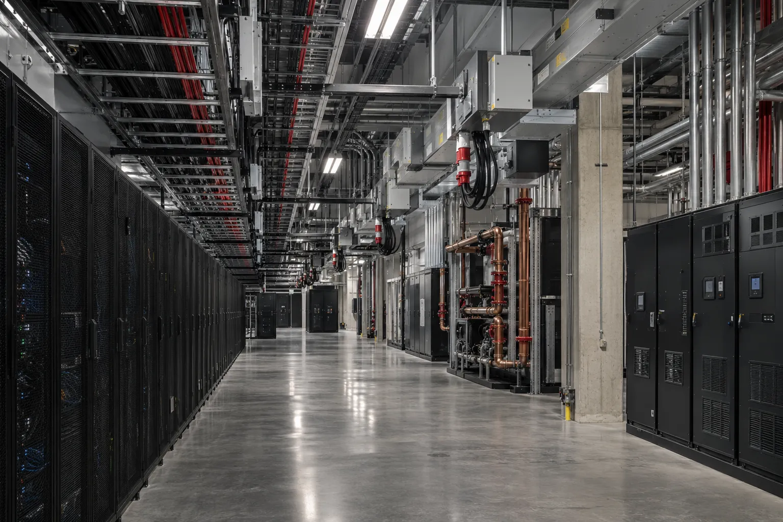 Modern data center with server racks and overhead power distribution
